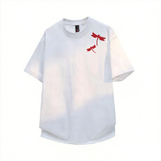 批发夏季蜻蜓刺绣国潮圆领短袖T恤水洗<b class='q'>男士</b>潮流上衣时尚情侣男装