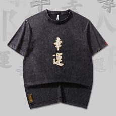 批发男生短袖情侣<b class='q'>t</b><b class='q'>恤</b>夏季刺绣幸运水洗做旧国潮中国风宽松圆领半袖男