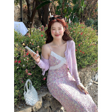 批发韩系吊带v领花边碎花连衣裙女夏季新款洋气度假风显瘦长裙<b class='q'>两件</b>套