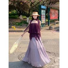 批发夏季新款度假风紫色波点花朵挂脖吊带衫纯欲甜美荷叶边<b class='q'>雪纺上衣</b>女