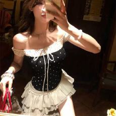 批发夏季新款韩系甜辣性感小众设计波点<b class='q'>露肩</b><b class='q'>上衣</b>高腰显瘦短裙套装女潮