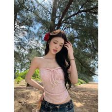 批发带胸垫法式海边度假风甜美纯欲外穿修身蕾丝碎花性感抹胸背心女