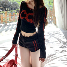 批发辣妹<b class='q'>运动</b>风拼接蕾丝套装女秋季ins甜酷修身短款花边<b class='q'>长袖</b>上衣+短裤