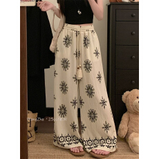 批发波西米亚风高腰垂感阔腿裤复古印花麻绳抽绳长裤民族风阔腿裤