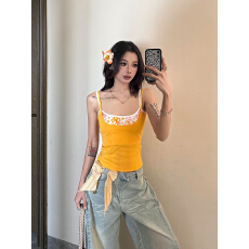 批发美式复古辣妹花卉假两件<b class='q'>吊带</b><b class='q'>背心</b>女夏季修身显瘦内搭<b class='q'>打底</b>无袖上衣