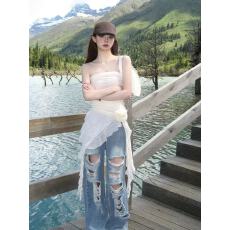 批发美式纯欲复古辣妹抹胸不规则修身连衣裙夏纯色设计感网纱抹胸短裙