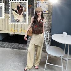 批发夏季搭配一整套<b class='q'>大码</b>胖mm马甲上衣阔腿裤美拉德复古<b class='q'>时尚</b>两件套装女