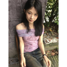 批发欧美式复古扎染网纱一字肩短袖<b class='q'>T</b><b class='q'>恤</b>女设计感小众气质甜辣风上衣夏