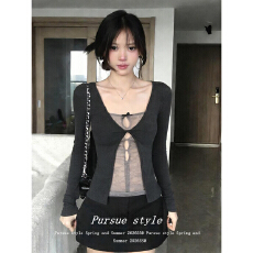 批发镂空蕾丝网纱长袖t恤女早春新款修身收腰内搭假两件性感辣妹<b class='q'>上衣</b>