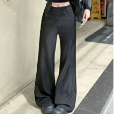 批发个性纽扣长腿裤免烫显瘦微喇中高腰修身窄版<b class='q'>西装</b>裤直筒休闲裤时尚