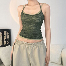 批发辣妹风复古吊带外搭显瘦修身夏季女<b class='q'>蕾丝</b>挂脖短背心叠穿纯欲两件套