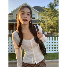 批发韩系时尚新款温柔针织<b class='q'>衫</b>设计感<b class='q'>镂空</b>修身显瘦上衣别致薄款纯欲开<b class='q'>衫</b>