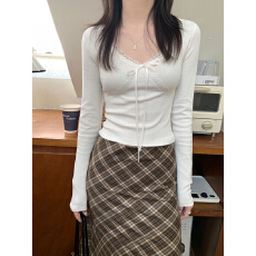 纯棉长袖T恤女纯欲风蕾丝花边设计上衣女甜美修身内搭打底衫春秋