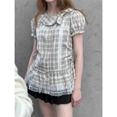 批发<b class='q'>韩版</b>复古风泡泡袖娃娃领格子衬衫女夏季新款蕾丝花边修身显瘦衬衣