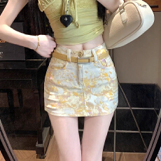 批发黄色碎花扎染牛仔半身裙<b class='q'>女</b>夏季高腰显瘦a字短裙百搭一步包臀裙子