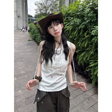 批发美式<b class='q'>背心女</b>夏季复古假两件不对称设计感系带弹力无袖上衣