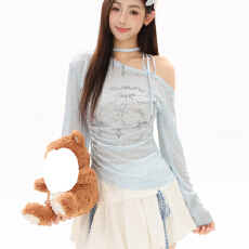 批发露肩绑带上衣甜辣斜肩T恤防晒罩衫女<b class='q'>夏季</b>慵懒风长袖薄款爆款小众