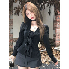 批发大码<b class='q'>女装</b>胖mm秋季衬衫蕾丝花边设计感辣妹收腰衬衣显身材内搭上衣