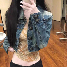 批发2026<b class='q'>牛仔</b>外套新款美式复古水洗时尚显瘦修身小众短款夹克上衣