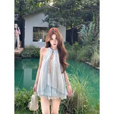 批发【海浪星沙】冰川蓝纯欲<b class='q'>蕾丝</b>假两件无袖背心女夏季挂脖上衣辣妹