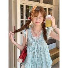 批发温柔无袖樱桃条纹飞飞袖衬衫夏日新款小个子法式甜美蝴蝶结上衣潮