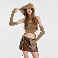 批发<b class='q'>欧美</b>辣妹纯欲连帽背心女废土风修身显瘦美拉德短款上衣小众设计感