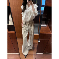 批发老钱风打褶设计微喇叭条纹西裤男女同款垂坠感休闲宽松通勤长裤子