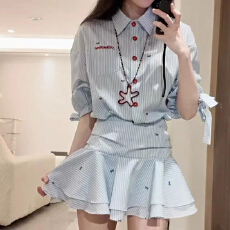 批发韩版学院风坚条纹收腰翻领衬衫<b class='q'>连衣裙</b>女夏季<b class='q'>荷叶边</b>百褶裙叠穿短裙