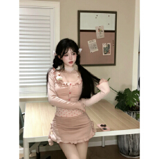 批发纯欲甜美套装女秋季修身显瘦少女风吊带开衫上衣+半身短裙两件套