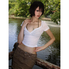 批发2026夏季新款性感辣妹V领微透罩衫<b class='q'>短袖</b>T恤<b class='q'>女</b>修身显瘦设计小众上衣