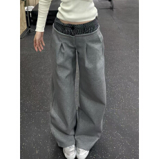 批发美式复古双腰头格纹拼接休闲卫裤女直筒宽松慵懒风垂感阔腿长<b class='q'>裤子</b>