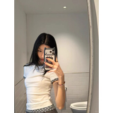 批发韩系假两件波点撞色短袖t恤女夏季2026新款修身显瘦收腰<b class='q'>正</b>肩上衣