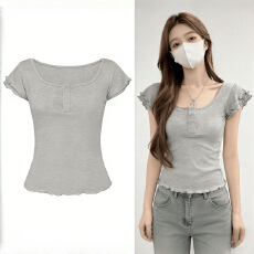 批发双层小飞袖【<b class='q'>纯棉</b>-好布料】灰色T恤女气质修身显瘦<b class='q'>打底衫</b>百搭上衣