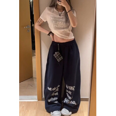 批发美式复古街头字母印花阔腿运动裤女夏季新款复古宽松显瘦休闲卫裤