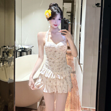 批发绝美纯欲小胸聚拢挂脖遮肉显瘦微胖女孩连体裙式学生甜妹泳衣女夏
