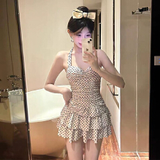 批发新款挂脖裙式泳衣女波点纯欲风波点温泉露背显瘦性感海边游泳装
