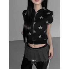 批发潮流单品!复古星星原宿连帽短袖拉链外套女夏季修身辣妹短款上衣