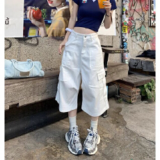 批发美式复古白色阔腿工装<b class='q'>牛仔</b>裤<b class='q'>女</b>2026春夏新款高腰宽松直筒7分中裤