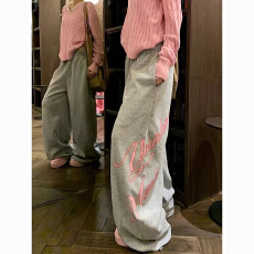 批发美式慵懒风斜边字母印花长裤女春秋薄款高腰<b class='q'>显瘦</b>百搭休闲阔腿裤