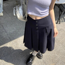 批发2026春秋款单排扣设计感外穿百褶裙女气质高腰<b class='q'>显瘦</b>a字半身裙中裙
