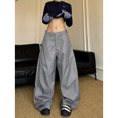 批发美式复古褶皱阔腿垂感弯刀裤2026新款西裤男女宽松潮牌<b class='q'>休闲裤</b>长裤