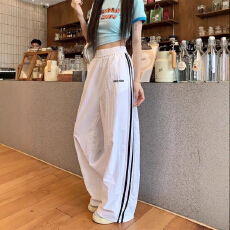 批发美式高腰速干运动裤女夏季薄款宽松<b class='q'>显瘦</b>休闲裤侧条纹阔腿工装长裤