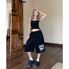 批发美式夏季慵懒复古运动风做旧字母印花阔腿七分裤男女松紧腰休闲裤