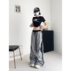 批发美式拼接运动裤子女夏季潮速干工装裤宽松阔腿裤垂感直筒爵士舞裤