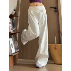 批发韩系老钱风白色薄款翻腰阔腿裤子女夏季宽松高腰显瘦百搭休闲长裤