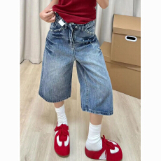 批发美式复古宽松<b class='q'>镶钻</b>竹节纹牛仔七分裤女2026夏季高街百搭阔腿中裤子