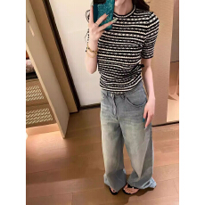 纯欲修身显瘦百搭毛织上衣夏季高级感收腰撞色条纹针织短袖T恤女