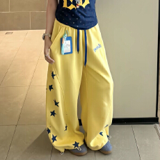 批发【垂感棉质】网红ins春夏款美式复古星星印花阔腿休闲裤宽松<b class='q'>长裤</b>