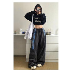 批发美式hiphop运动裤三条杠春夏薄款宽松阔腿条纹休闲工装裤拖地裤女