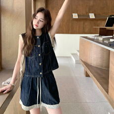 批发<b class='q'>韩版</b>复古蕾丝花边牛仔马甲高腰短裤套装<b class='q'>女</b>2026夏新款小个子两件套